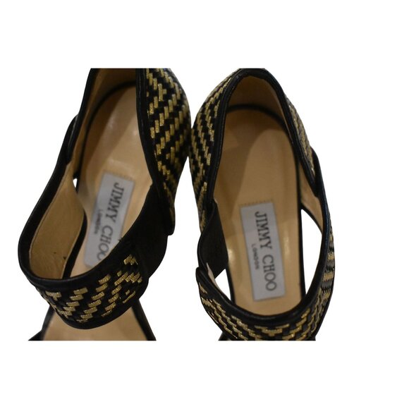 Women's Jimmy Choo Leather Black and Gold Ankle Strap Stiletto Size 37/7 - Picture 3 of 10